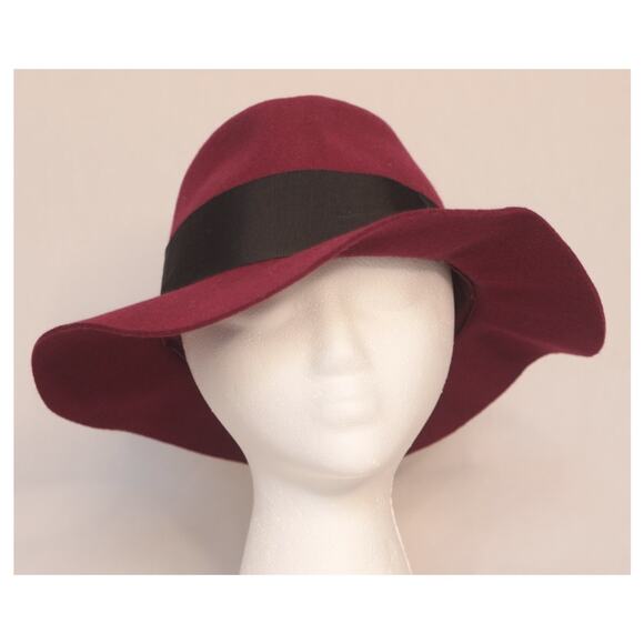 Womens Burgundy Fedora Hat Wide Brim Black Ribbon Band - Picture 2 of 9